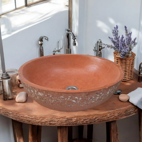Image of Terracotta 42 x 42 x 14 Concave Namibian Dream Basin. Bespoke Handmade Sink