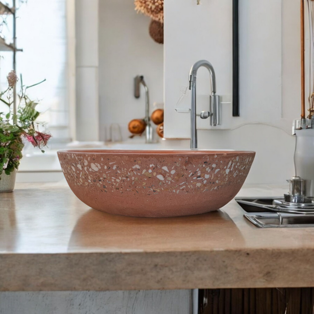 Terracotta 42 x 42 x 14 Concave Namibian Dream Basin. Bespoke Handmade Sink