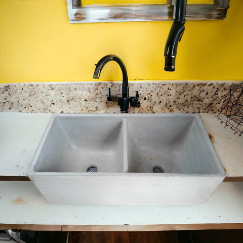 Image of Large Grey Concrete Double Kitchen Butler Basin 80 x 40 x 27cm (90mm Outlet) Seedleme