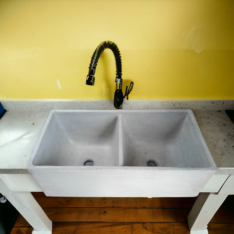 Image of Large Grey Concrete Double Kitchen Butler Basin 80 x 40 x 27cm (90mm Outlet) Seedleme