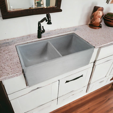 Image of Large Grey Concrete Double Kitchen Butler Basin 80 x 40 x 27cm (90mm Outlet)