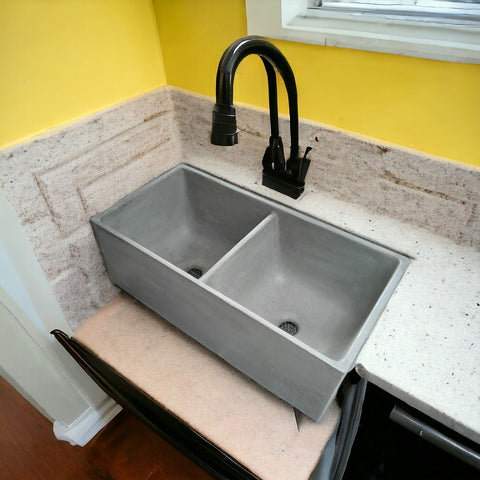 Image of Large Grey Concrete Double Kitchen Butler Basin 80 x 40 x 27cm (90mm Outlet)