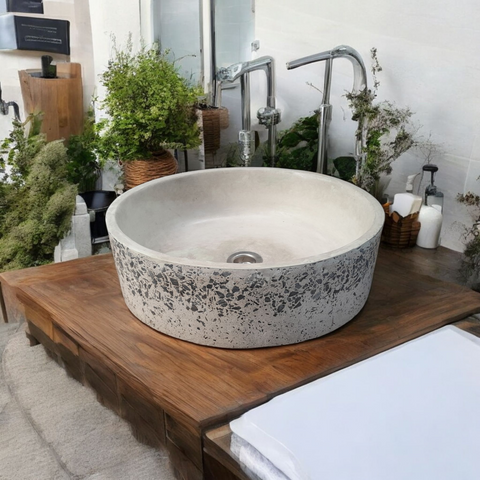 Image of Ivory Round Flat Exposed Aggregate Bespoke Basin 40 x 40 x 12cm Seedleme