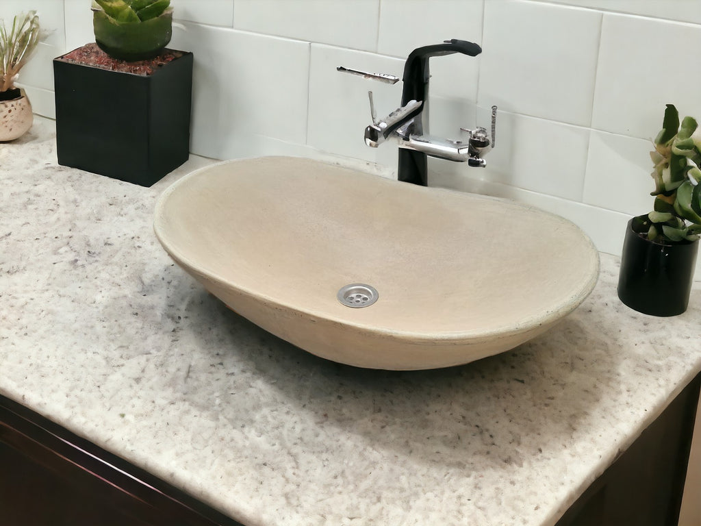 Sandstone Concrete Basin Sink Modern Oval Shape 59 x 39 x 12cm