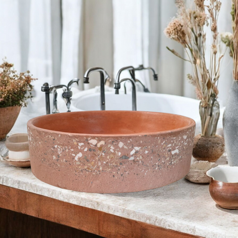 Image of Terracotta Round Flat Namibian Dream 40 x 40 x 12cm. Bespoke Exposed Aggregate sink Seedleme