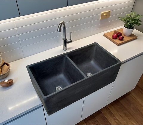 Image of Large Concrete Black Double Kitchen Butler Basin/Sink 80 x 40 x 27cm (90mm Outlet)