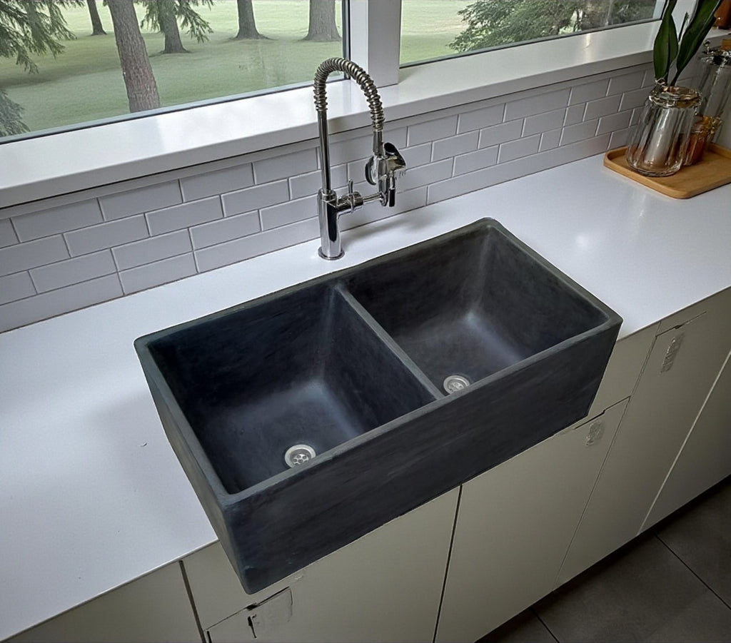 Large Concrete Black Double Kitchen Butler Basin/Sink 80 x 40 x 27cm (90mm Outlet)