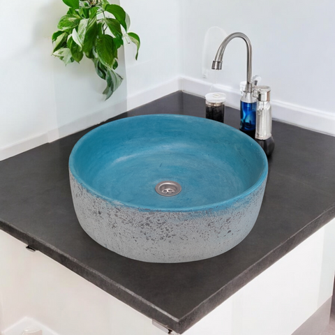 Image of Blue Exposed Aggregate Round Flat Bespoke Concrete Sink 40 x 40 x 12cm Seedleme