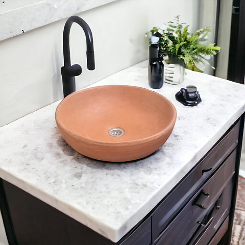 Image of Terracotta Concrete Round Handmade Countertop Butler Sink 42 x 42 x 14cm - Seedleme
