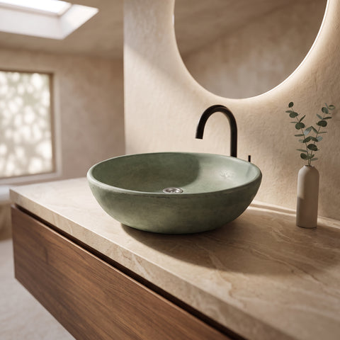 Image of A round sage green ceramic vessel sink with a matte finish, paired with a matte black gooseneck faucet, set on a light beige stone countertop in a modern bathroom.