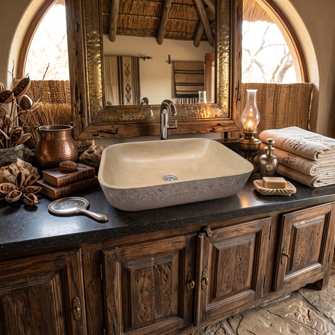 Image of A beige rectangular vessel sink with a speckled stone-look base, installed on a dark countertop in a rustic bathroom setting with wooden cabinets, a mirror, and warm ambient lighting.