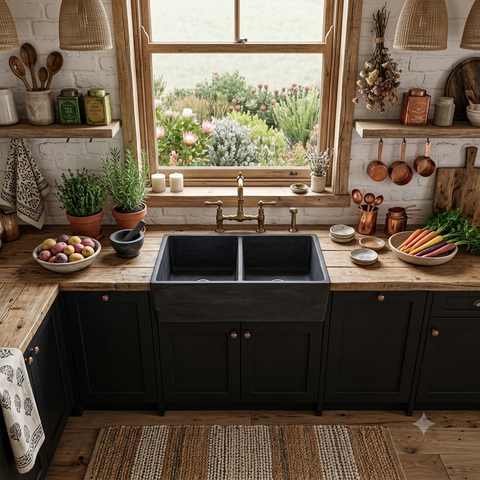 Image of Large Concrete Black Double Kitchen Butler Basin/Sink 80 x 40 x 27cm (50mm Outlet)