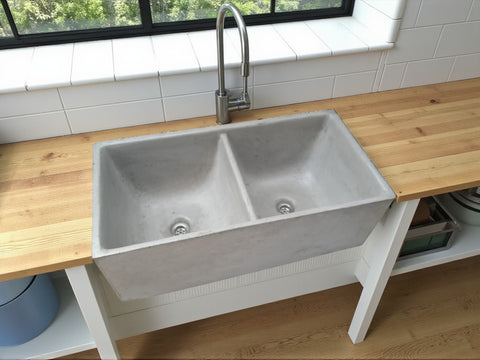 Image of Large Grey Concrete Double Kitchen Butler Basin 80 x 40 x 27cm (50mm Outlet)