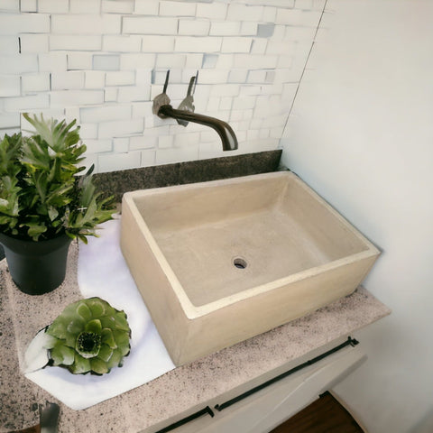 Image of Bespoke Sandstone Concrete 65 x 45 x 20cm Single Butler. Hand-made Cement Countertop Sink. Seedleme
