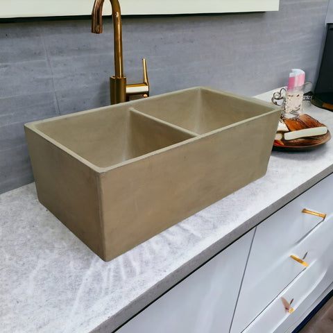 Image of Large Sandstone Double Concrete Kitchen Butler Basin 80 x 40 x 27cm (90mm Outlet) Seedleme