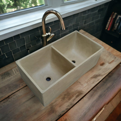Image of Large Sandstone Double Concrete Kitchen Butler Basin 80 x 40 x 27cm (90mm Outlet) Seedleme