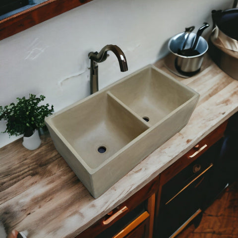 Image of Large Sandstone Double Concrete Kitchen Butler Basin 80 x 40 x 27cm (90mm Outlet) Seedleme