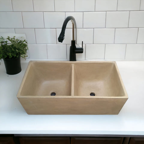 Image of Large Sandstone Double Concrete Kitchen Butler Basin 80 x 40 x 27cm (90mm Outlet) Seedleme