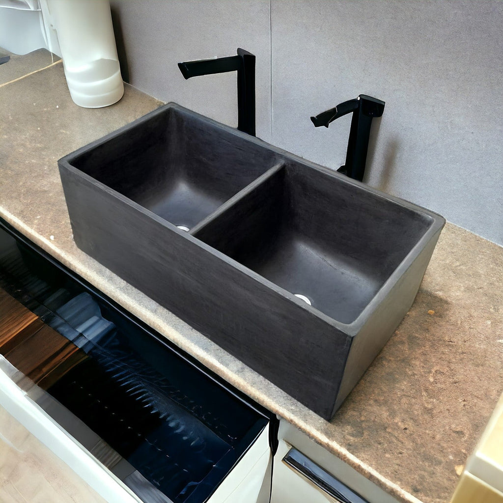 Large Concrete Black Double Kitchen Butler Basin/Sink 80 x 40 x 27cm (90mm Outlet)