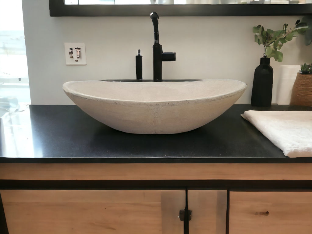 Sandstone Concrete Basin Sink Modern Oval Shape 59 x 39 x 12cm