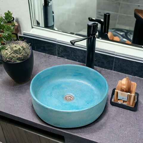 Image of Ocean Blue Round Flat Bespoke Concrete Sink 40 x 40 x 12cm