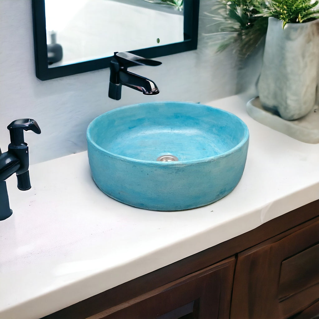 Ocean Blue Round Flat Bespoke Concrete Sink 40 x 40 x 12cm