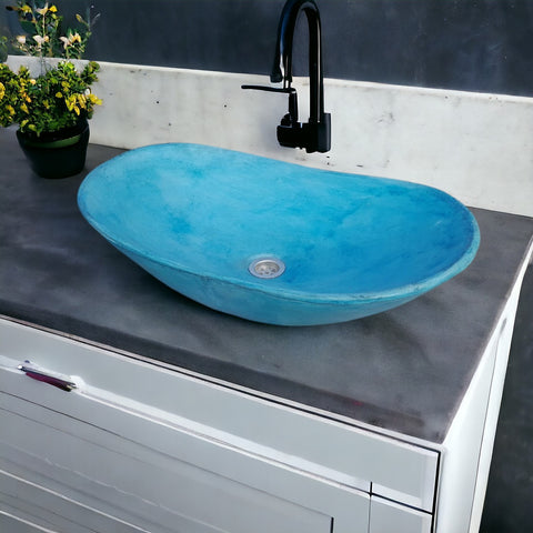 Image of Bespoke Ocean Blue Modern Oval Shape concrete basin 59 x 39 x 12cm