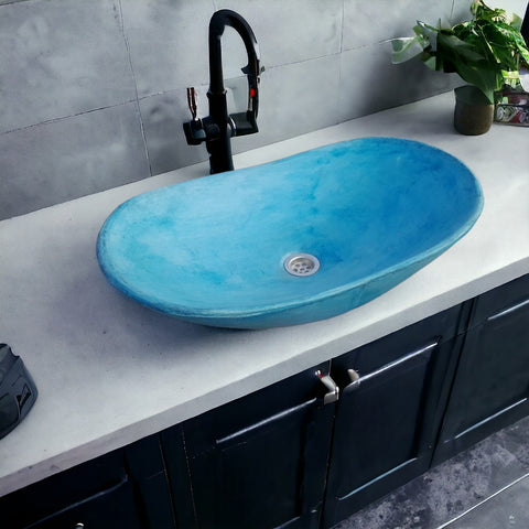 Image of Bespoke Ocean Blue Modern Oval Shape concrete basin 59 x 39 x 12cm
