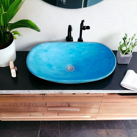 Image of Bespoke Ocean Blue Modern Oval Shape concrete basin 59 x 39 x 12cm
