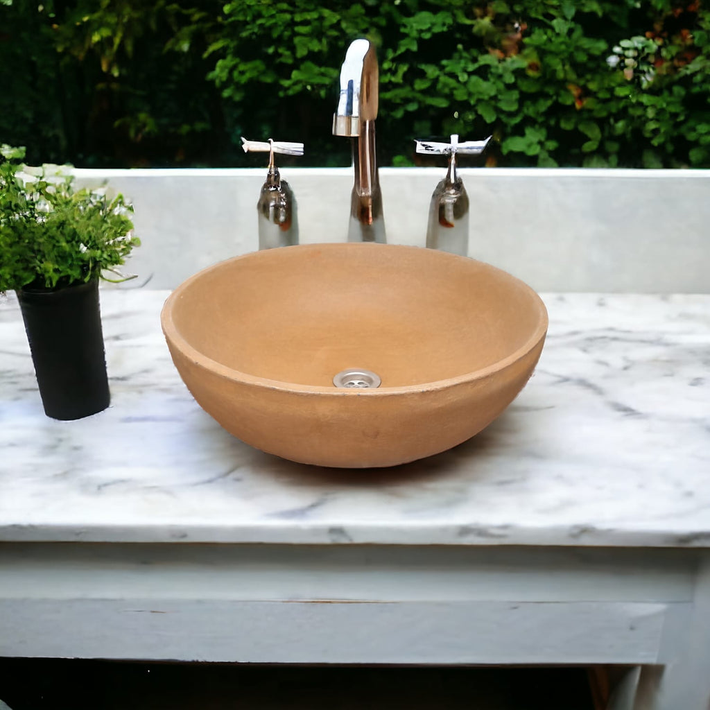 Burnt Orange Round Concave Bespoke Concrete Bathroom Sink. 42 x 14cm