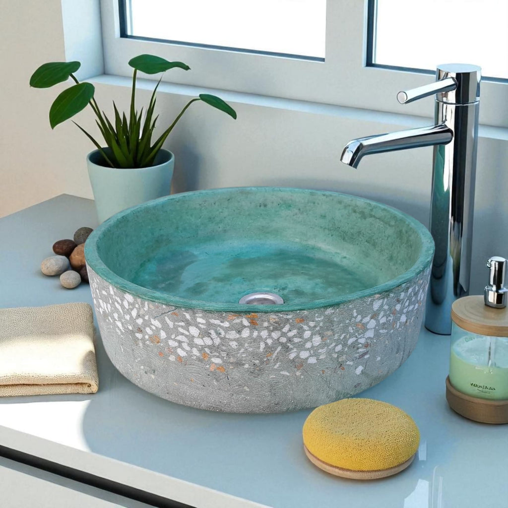 Round Flat Green Namibian Dream Concrete Bespoke Sink  40 x 12cm