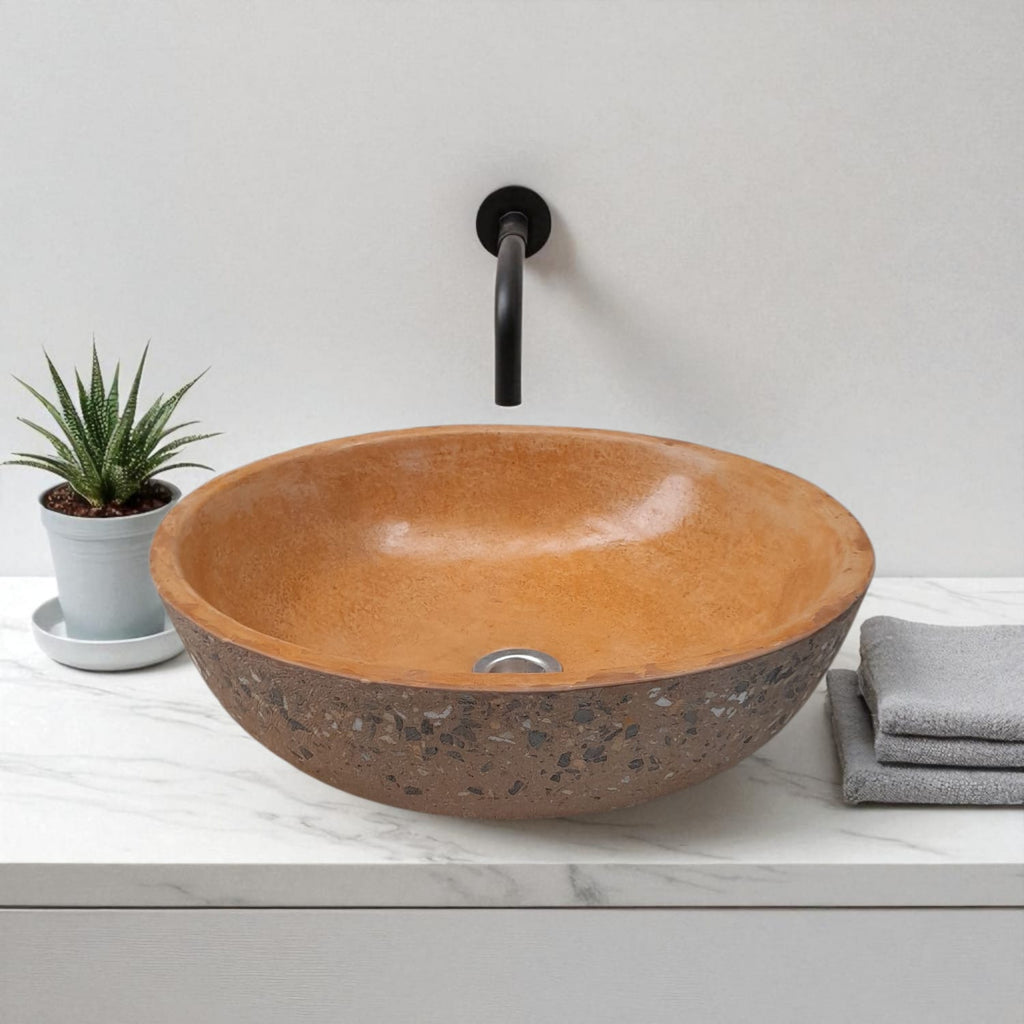 Burnt Orange Round Concave Namibian Dream Bespoke Concrete Bathroom Sink. 42 x 14cm