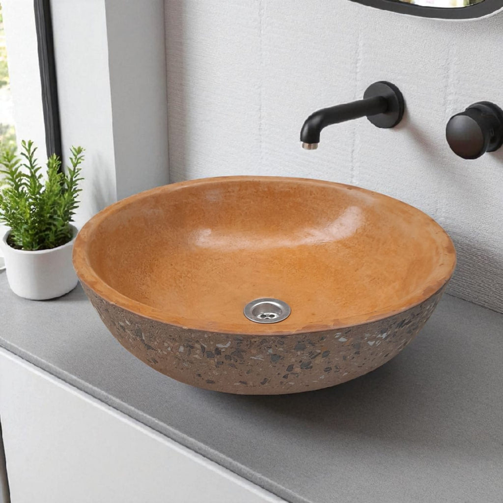 Burnt Orange Round Concave Namibian Dream Bespoke Concrete Bathroom Sink. 42 x 14cm