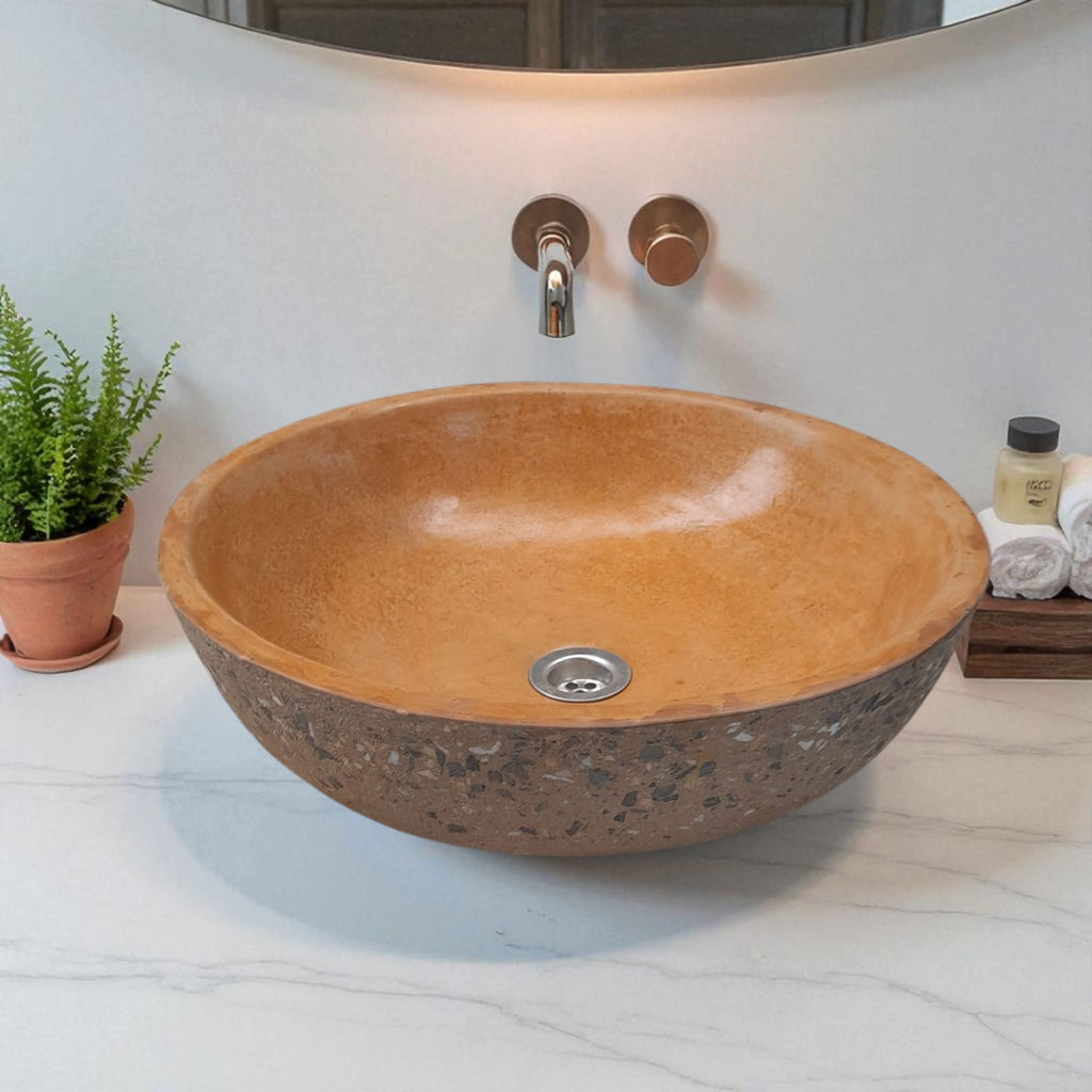 Burnt Orange Round Concave Namibian Dream Bespoke Concrete Bathroom Sink. 42 x 14cm