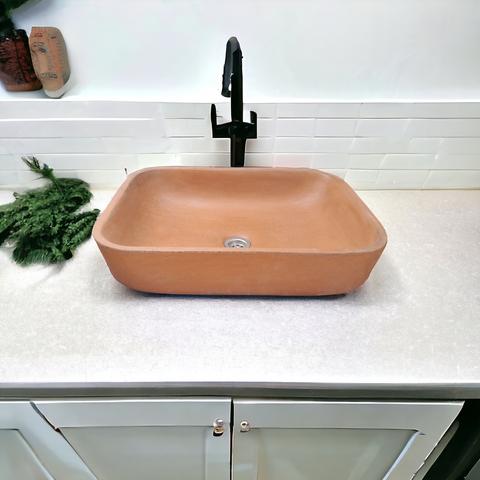 Image of Terracotta concave rectangle concrete basin 52 x 40 x 13cm Seedleme