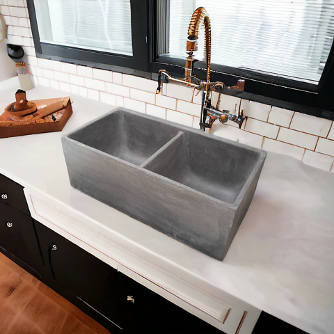 Image of Large Charcoal Double Concrete Kitchen Butler Basin 80 x 40 x 27cm (90mm Outlet)