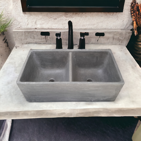 Image of Large Charcoal Double Concrete Kitchen Butler Basin 80 x 40 x 27cm (90mm Outlet) Seedleme