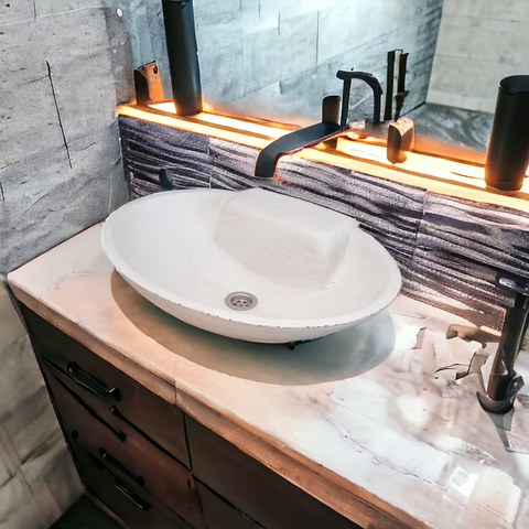 Image of Ivory Concrete Oval Basin 50 x 38 x 13cm Seedleme