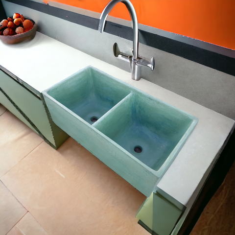Image of Large Double Butler Green Concrete Basin 80 x 40 x 27cm (90mm Outlet)
