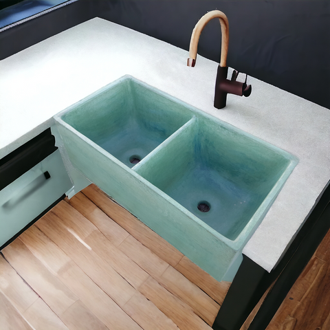 Image of Large Double Butler Green Concrete Basin 80 x 40 x 27cm (90mm Outlet) Seedleme
