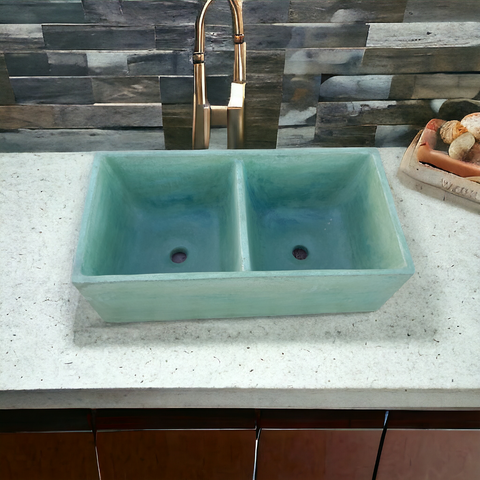 Image of Large Double Butler Green Concrete Basin 80 x 40 x 27cm (90mm Outlet) Seedleme
