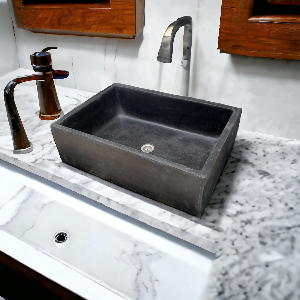 Black Concrete Bespoke Single Butler Basin 65 x 45 x 20cm. Hand-made Cement Countertop Sink