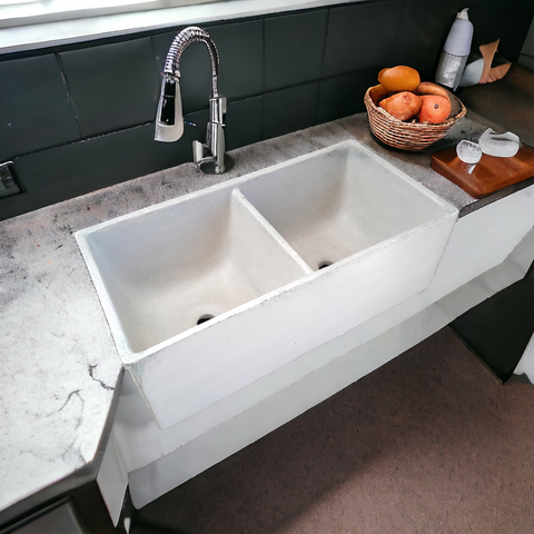 Image of Large Ivory Double Concrete Kitchen Butler basin 80 x 40 x 27cm (90mm Outlet) Seedleme