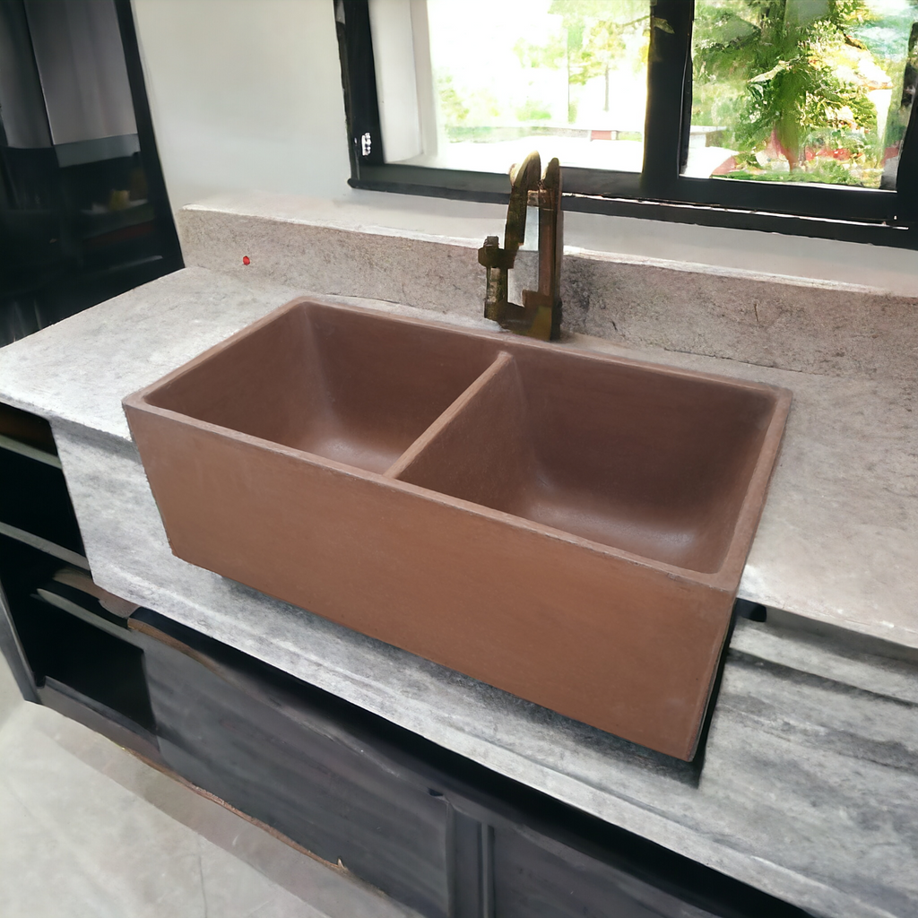 Large Choc Plum Cement Double Concrete Kitchen Butler Basin 80 x 40 x 27cm (90mm Outlet)