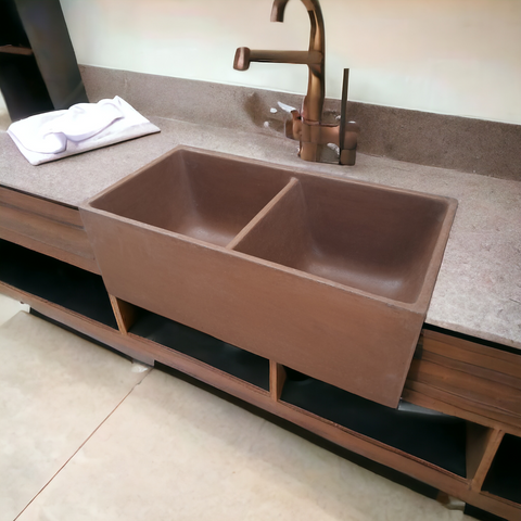 Image of Large Choc Plum Cement Double Concrete Kitchen Butler Basin 80 x 40 x 27cm (90mm Outlet)