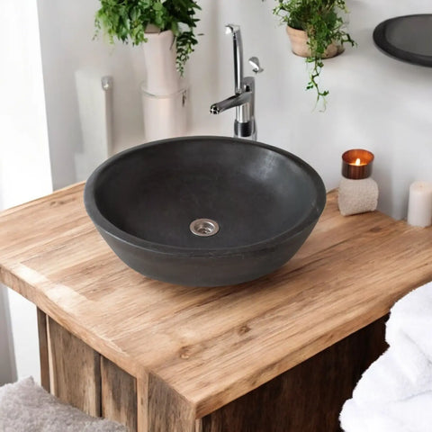Image of Black Concrete Round Cement Handmade Basin 42 x 14cm Seedleme