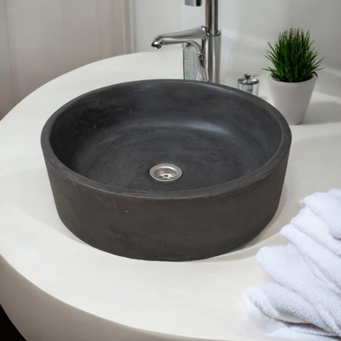 Image of Round Black Concrete Bathroom Sink, Elegant, Modern Matt Finish 40 x 40 x 12cm
