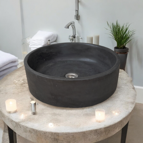 Image of Round Black Concrete Bathroom Sink, Elegant, Modern Matt Finish 40 x 40 x 12cm