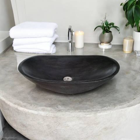 Image of Bespoke Black Cement Basin Sink Modern Oval Shape 59 x 39 x 12cm