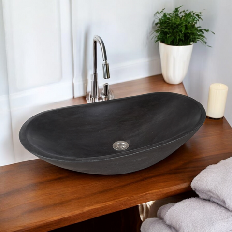 Image of Bespoke Black Cement Basin Sink Modern Oval Shape 59 x 39 x 12cm